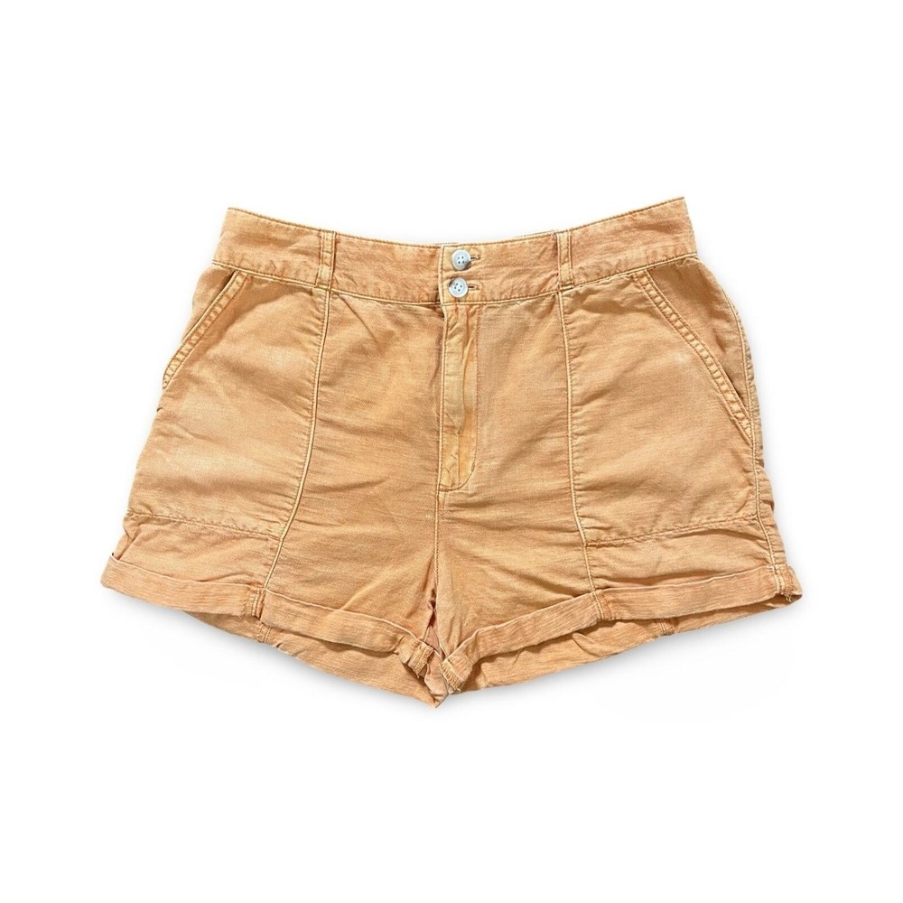 Joie Womens High Waisted Utility Shorts Orange Cuffed Linen Size 8 Elastic Back